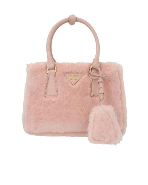 Prada Pink Logo Plaque Teddy Bowling Top Handle Bag