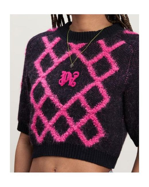 Palm Angels Red Monogram Argyle-Pattern Crop Top
