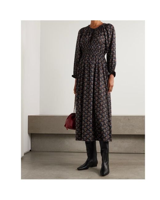 Doen Black Delfina Shirred Floral-Print Organic Cotton-Voile Midi Dress