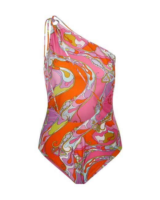 Emilio Pucci White Pucci One-Shoulder Printed Swimsuit
