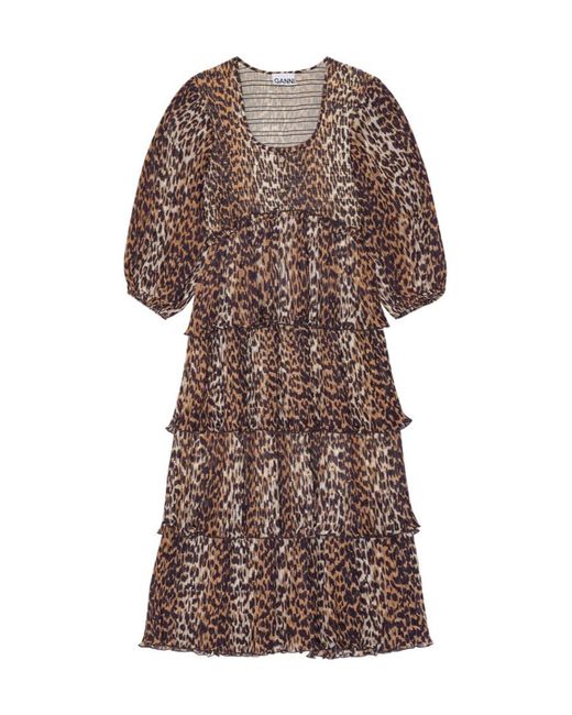 Ganni Brown Leopard Printed Pleated U-Neck Midi Dress