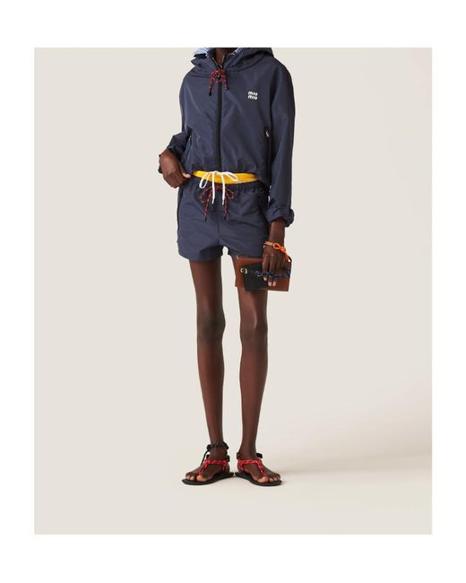 Miu Miu Blue Logo-Rubberised Zipped Hooded Jacket