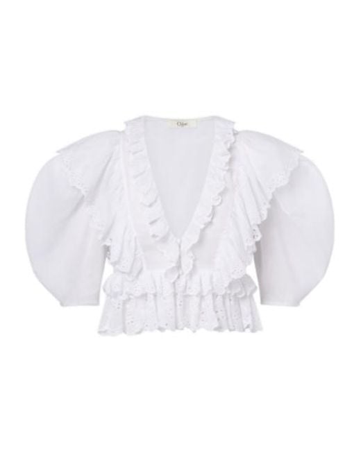 Chloé White Embroidered Ruffled Cotton Top