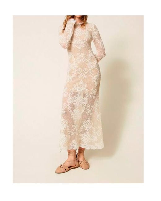 Twinset Natural Lace-Knit Long-Sleeve Midi Dress