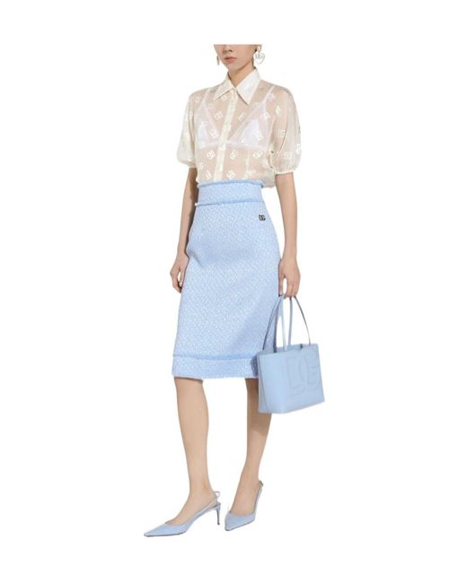Dolce & Gabbana Blue Calf-Length Raschel Tweed Pencil Skirt With Dg Logo