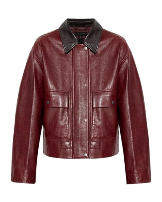 Rag & Bone Red Lapel Long-Sleeved Leather Jacket