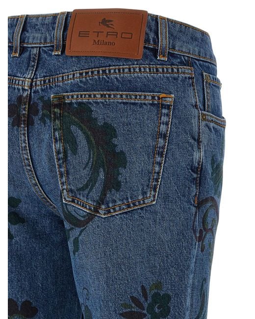 Etro Blue Flared Jeans With Flower And Bee Print