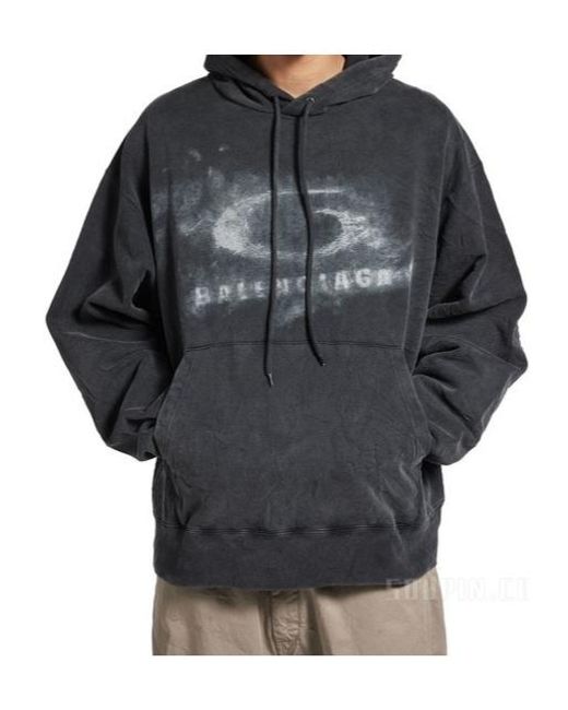 Balenciaga Gray Logo Printed Drawstring Hoodie for men