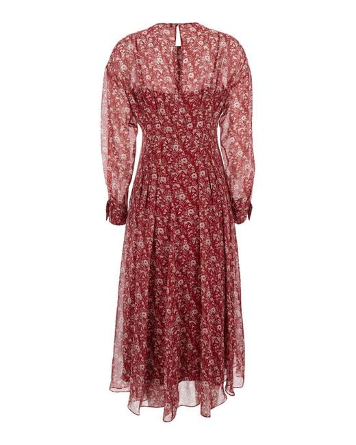 Max Mara Red 'Cariddi' Long Dress With All-Over Floral Motif In