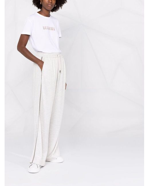 Brunello Cucinelli White Monili-Chain Wide-Leg Track Pants