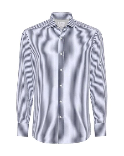 Brunello Cucinelli Blue Striped Poplin Slim Fit Shirt for men