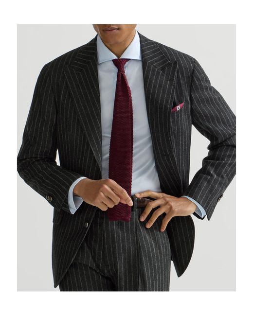Brunello Cucinelli Black Virgin Wool And Cashmere Chalk Stripe Flannel Deconstructed Blazer With Large Peak Lapels And Metal Buttons for men