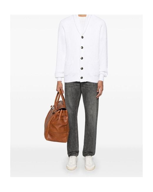 Brunello Cucinelli White Shawl Lapel Knitted Cardigan for men