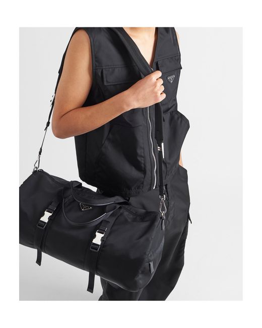 Prada Black Logo Plaque Zip-Up Duffle Bag for men