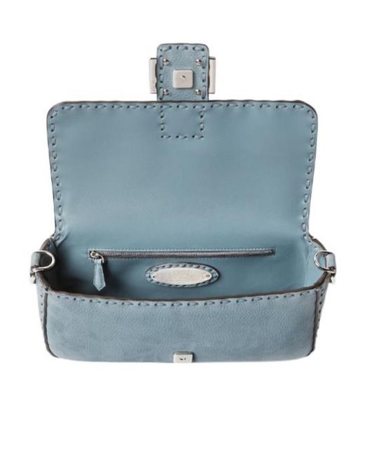 Fendi Blue Aguette Mercury Nubuck Leather Selleria Bag With 612 Hand-Sewn Topstitches