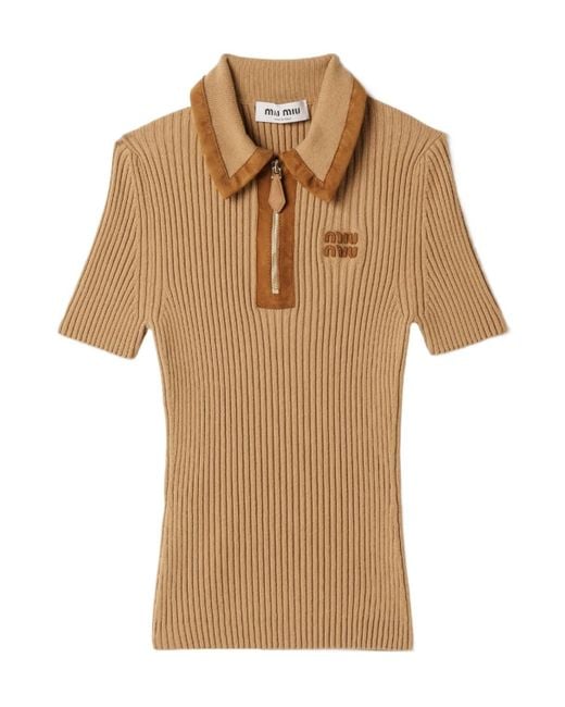 Miu Miu Brown Cashmere-Blend Suede-Trim Ribbed Polo Shirt