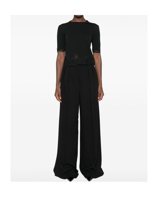 ERMANNO FIRENZE Black Short-Sleeve Lace-Trim T-Shirt