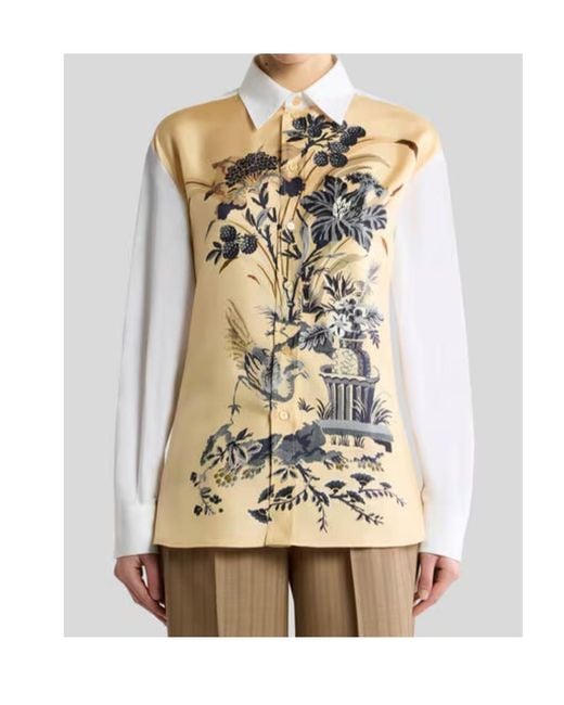 Etro Metallic Cotton And Silk Shirt With Placed Floral Print On The Front