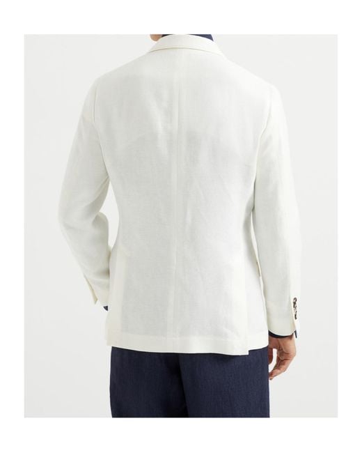 Brunello Cucinelli White Linen-Wool-Silk Single-Breasted Blazer for men