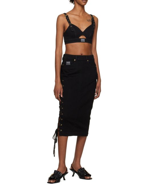 Versace Jeans Black Couture Lace-Up Detailed Midi Denim Skirt
