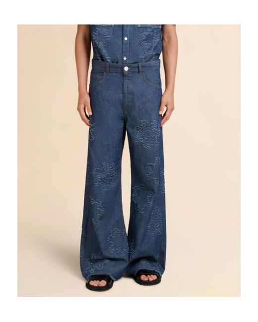 Marni Blue Frayed Sun Motif Chambray Jeans for men