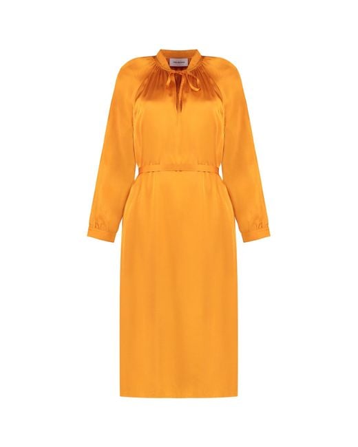 Yves Salomon Orange Belted Satin Midi Dress
