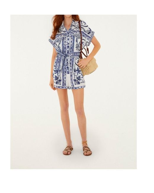 Farm Rio Blue Short-Sleeved Jumpsuit