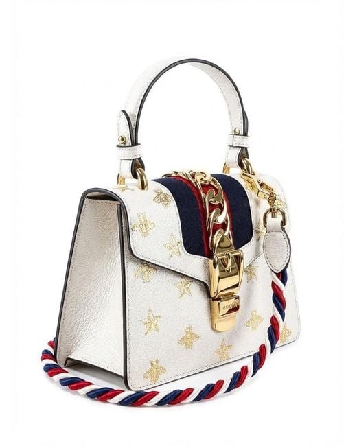 Gucci White Sylvie Bee Star Mini Leather Bag
