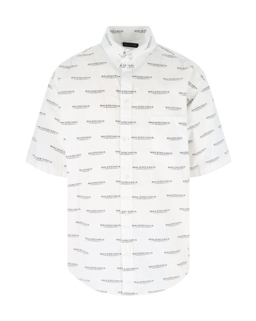 Balenciaga Allover Logo Printed Short-Sleeved Shirt in White for