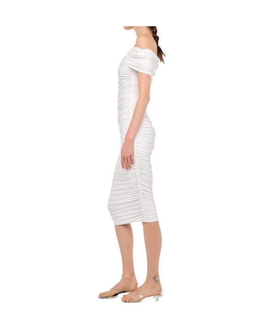 Norma Kamali White Ruched Off-The-Shoulder Midi Dress