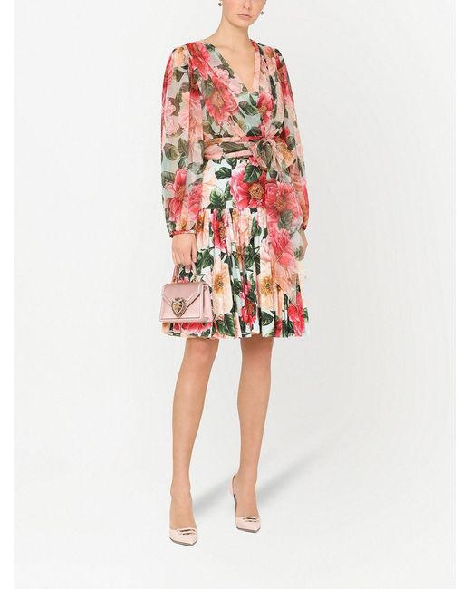 Dolce & Gabbana White Floral-Print Pleated Skirt