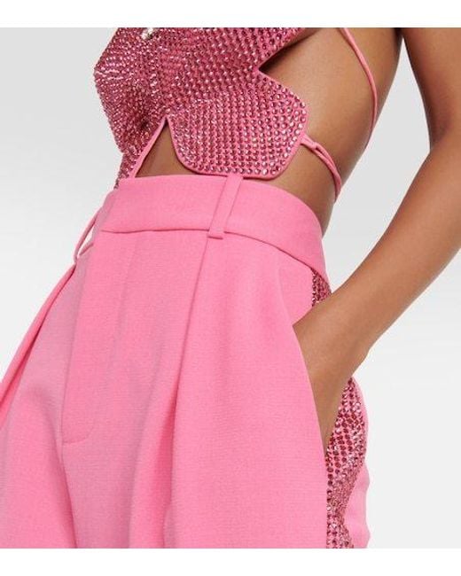 Area Pink Embellished Wool Wide-Leg Pants