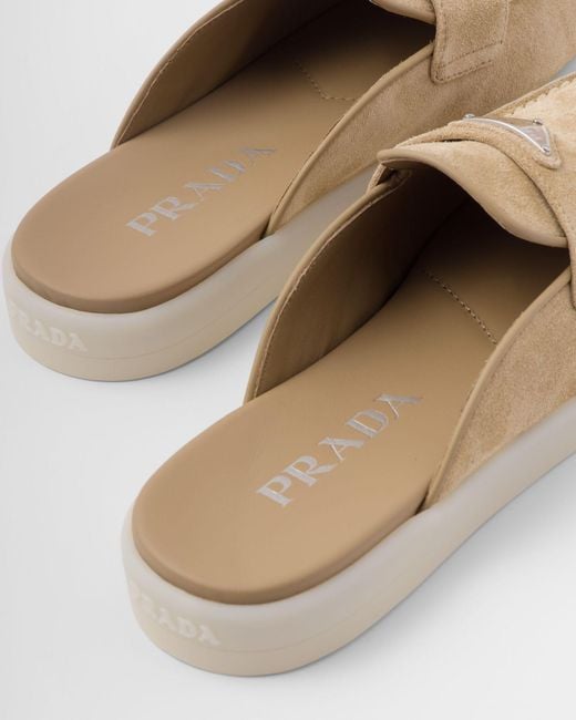 Prada White Triangle-Logo Round-Toe Slippers