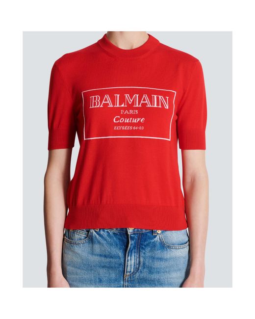 Balmain Red Logo Detailed Knitted Top