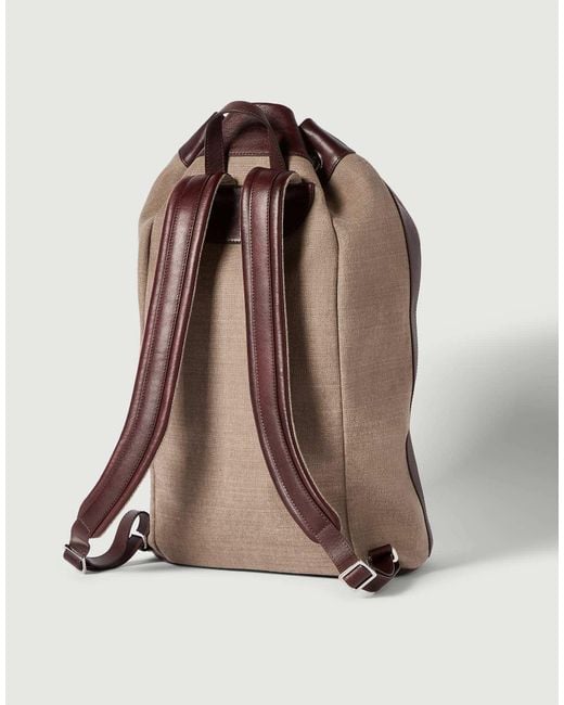 Brunello Cucinelli Brown Water-Resistant Canvas And Burnished Calfskin Drawstring Backpack for men
