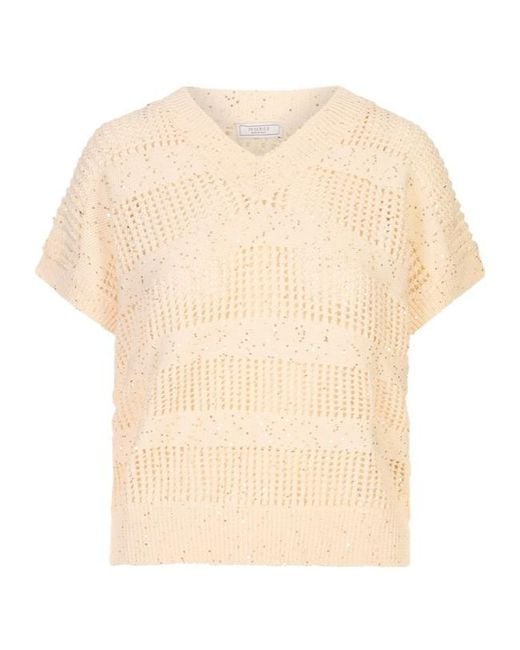 Peserico Natural Short-Sleeved V-Neck Open Knit Top