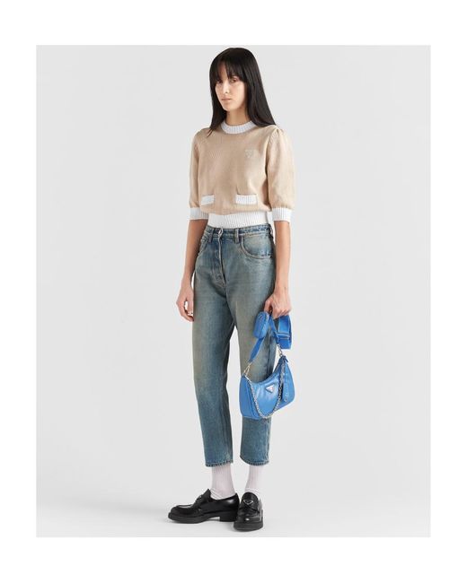 Prada Blue Logo Plaque Chain-Linked Shoulder Bag