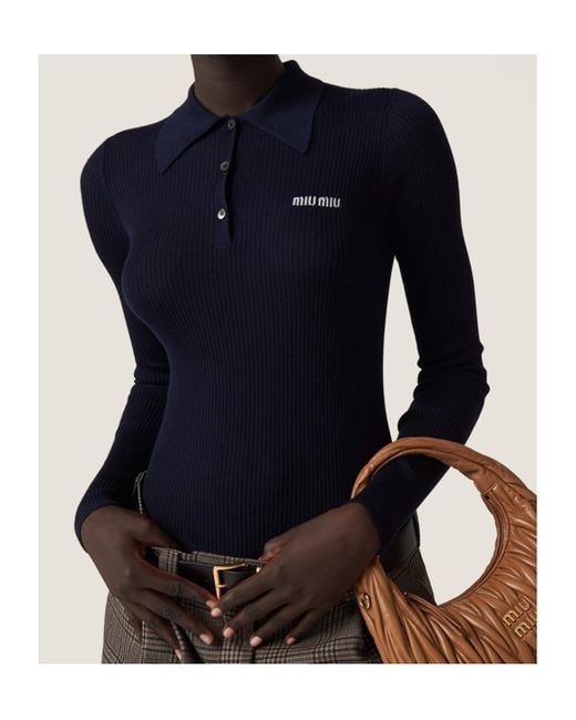 Miu Miu Blue Cashmere And Silk Knit Polo Shirt