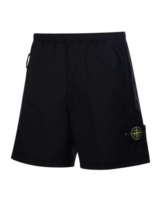 Stone Island Black Logo Patch Wide Leg Shorts for men