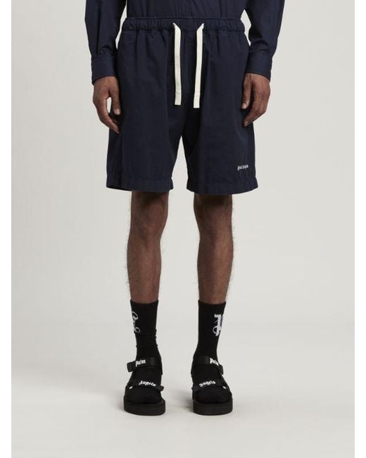 Palm Angels Blue Logo-Embroidered Drawstring Bermuda Shorts for men