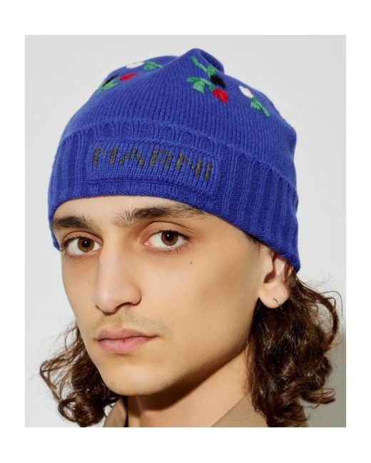 Marni Blue Knitted Embroidered Beanie for men