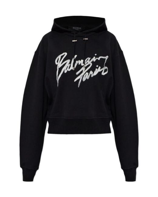Balmain Black Logo Printed Drawstring Hoodie