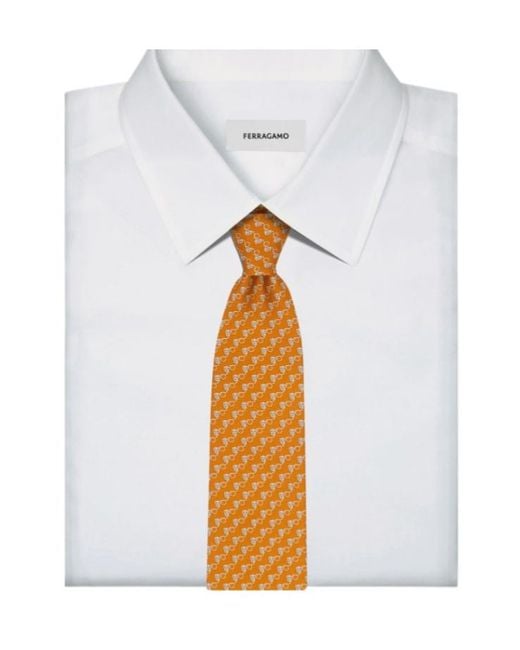 Ferragamo Orange Owl-Print Tie for men