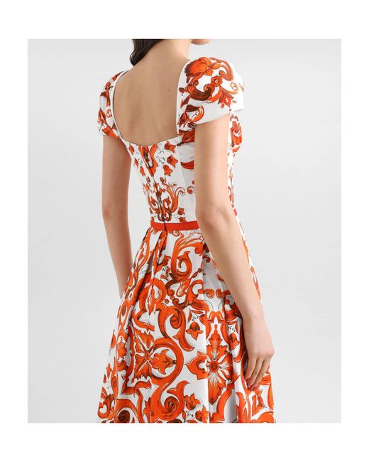 Dolce & Gabbana Red Cotton Majolica Print Midi Dress