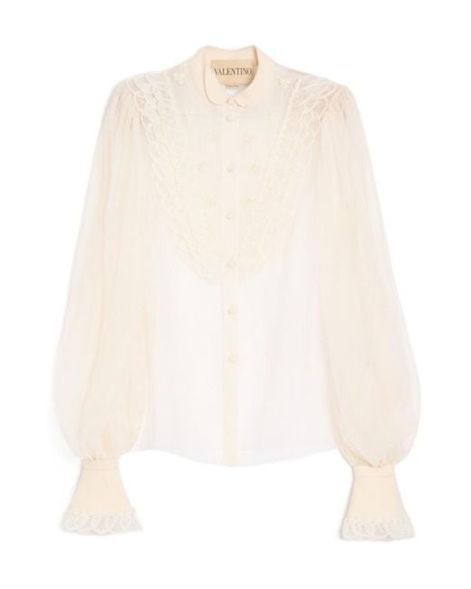 Valentino White Embroidered Organza Puff-Sleeve Top