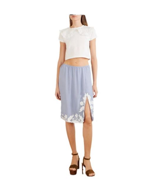 Anna Sui Blue Embroidered Silk-Satin Midi Skirt