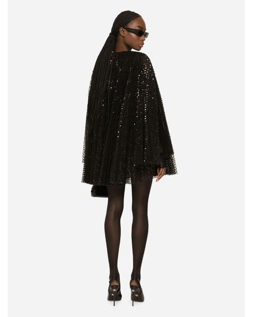 Dolce & Gabbana Black Short Pleated Dress With Full Sequined Sleeves