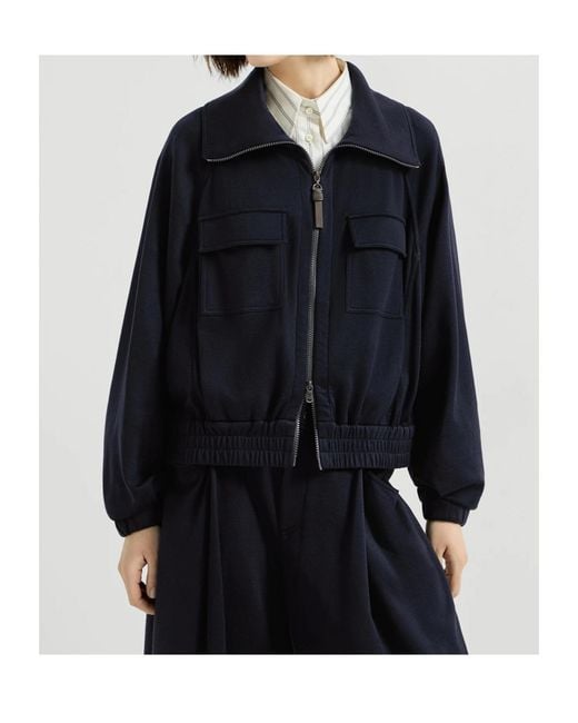 Brunello Cucinelli Blue Cotton And Silk Interlock Cardigan With Shiny Zipper Pull