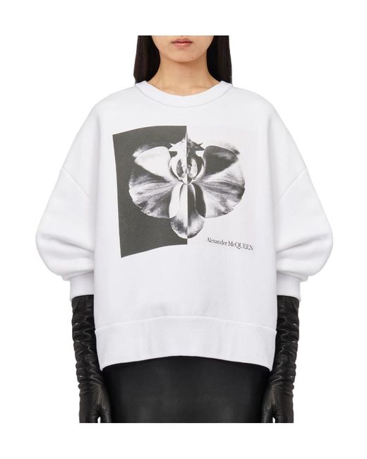 McQueen Gray Ghost Orchid Printed Crewneck Sweatshirt