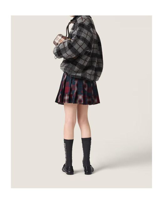 Miu Miu Red Pleated Plaid Patchwork Miniskirt